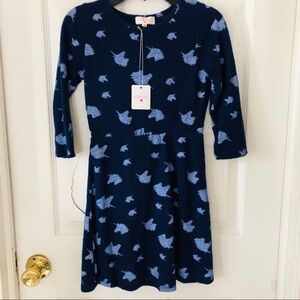 NWT POOF GIRL navy soft long sleeve fit & flare unicorn dress girls Size large